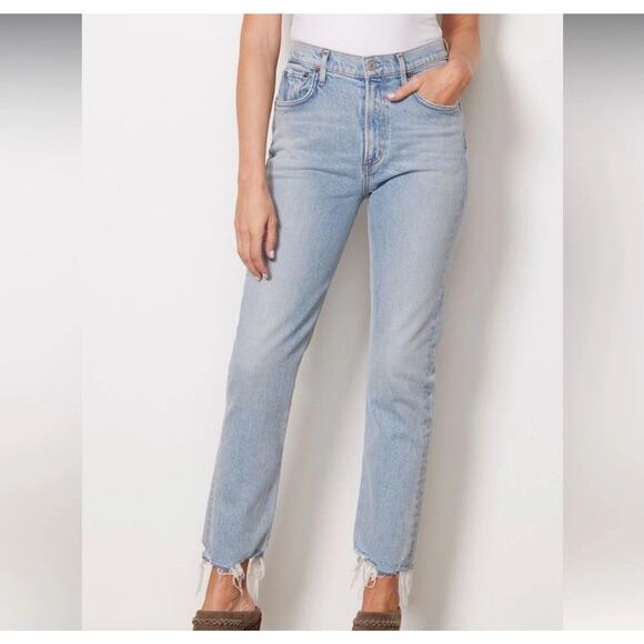 Agolde Merrel High Rise Straight Leg Jeans Blue Light Wash Fray Cotton Size 29 - Picture 1 of 13